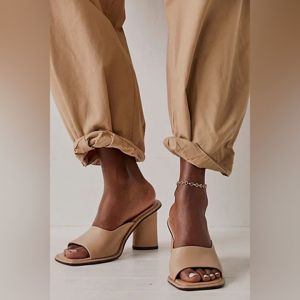 Free People Beige Block Heel Slide Sandals